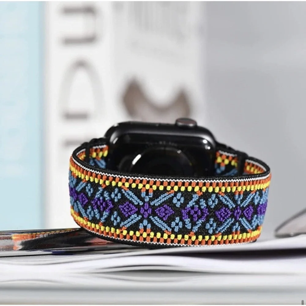Tefeca Blue Embroidery Ethnic‎ Pattern Elastic Watch Band
